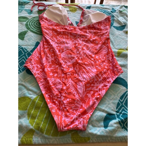 Cupshe Halter Neck Coral Pink Floral One-Piece Swimsuit Ruched Front Size Large - Picture 2 of 8